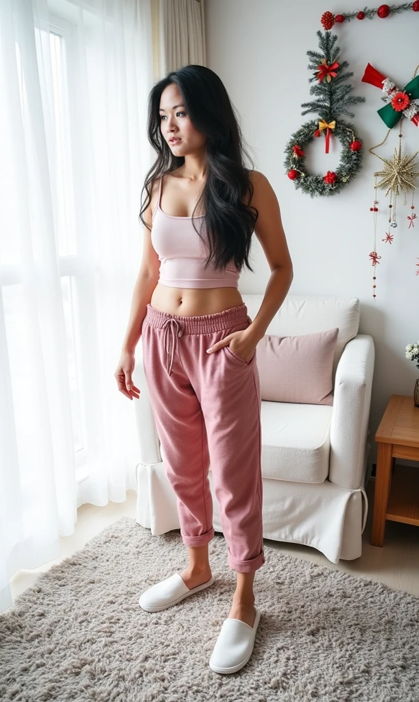 charming milf, bright pants, standing, comfortable at home