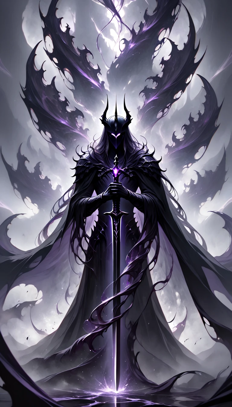 
"A towering, armored knight shrouded in absolute darkness. Bellion’s sleek black armor is imposing, adorned with sharp, jagged edges and intricate, shadowy patterns etched into its surface. His helmet, entirely black, features sharp, upward-pointing horns, and a faint dark purple glow emanates from the visor, purple eyes glowing menacingly. A massive, pitch-black sword with purple tinted edges, almost as tall as he is, rests in his hands, with shadowy tendrils seeping from the blade as if it were alive. His flowing black cape, torn and ragged, blends seamlessly with the surrounding void. The background is an endless abyss of swirling shadows and faint, dark mist, emphasizing his overwhelming presence as a figure of pure darkness and unrelenting power."