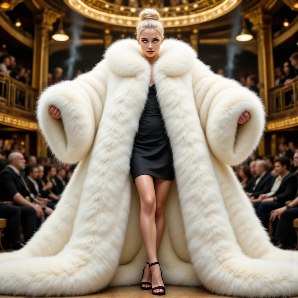 very wide、very thick,  white mink coat ,  thickness 100 cm , Fluffy, Dicker,  white mink collar , 3 floors 、( fur fashion show )、Wide-open coat, (Naked)、Nordic beauty、 sun-tanned skin ,  looks at the camera,  high ponytail 、( big breasts 2 .5)、(blond), ( Squat down and spread your legs)