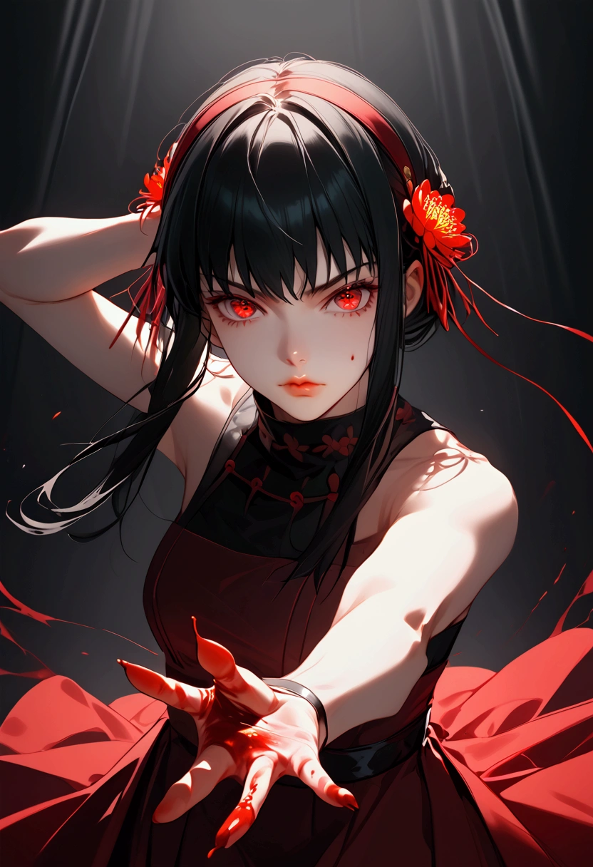 Yor Briar from Spy X Family, long black hair, fair skin, blood red eyes, blood, perfect hands, dynamic pose, kunoichi, lycoris radiata