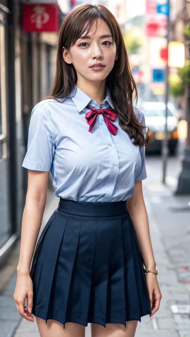 a beautiful 18 year old Japanese high school girl with perfect anatomy, healthy thighs, beautiful legs, beautiful skin, random hair color and style, large breasts, (wearing a Japanese schoolgirl uniform:1.3), (she is standing:1.2), penny loafers, holding a student bag, full body shot, standing on a city street, (best quality,4k,8k,highres,masterpiece:1.3),(extremely detailed:1.2),photorealistic,ultra-detailed,vivid colors, studio lighting, professional