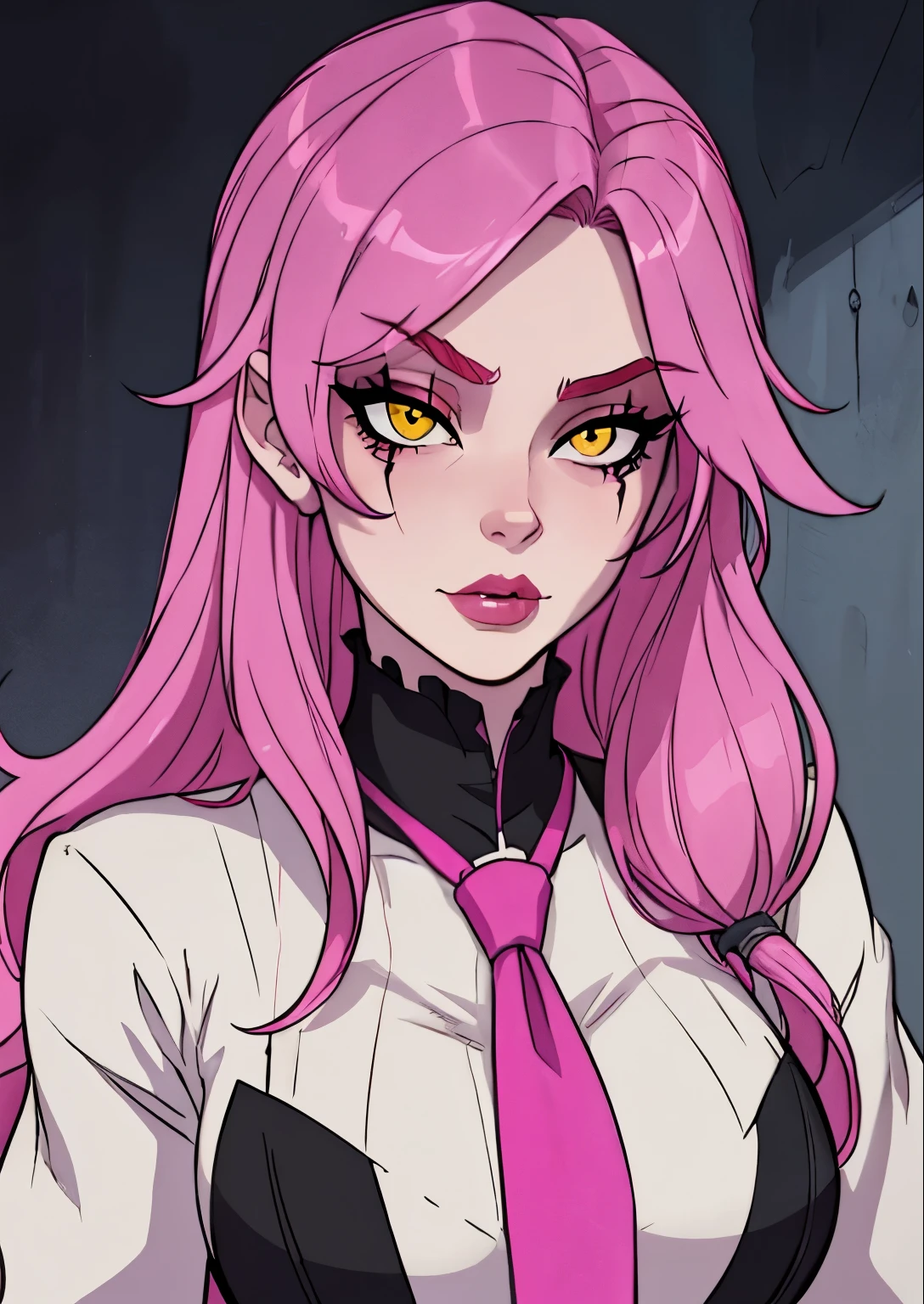 masterpiece, best quality, 1female, beautiful, face portrait, deep makeup, 1girl, face focus, long hair, pink hair, messy hair, goth, scar over eye, makeup, pale skin, academiaKat, yellow eyes, detailed, necktie