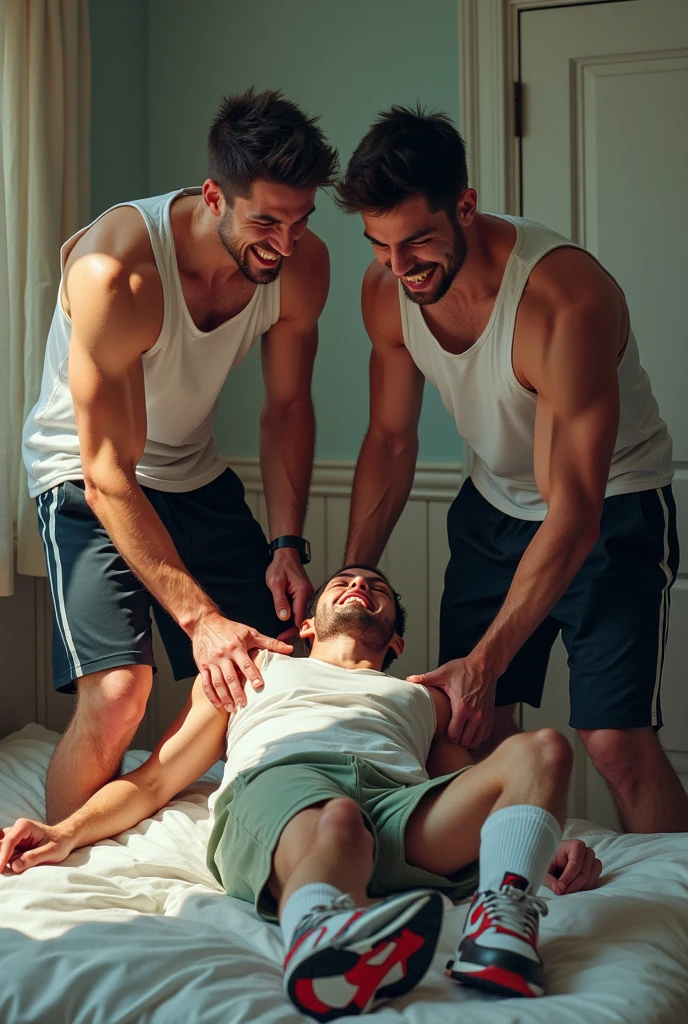 A massage table with a handsome, defined man receiving a massage from another handsome, defined man, They both look happy and the environment is neutral white with light blue details with chakra symbols hanging on the wall. 