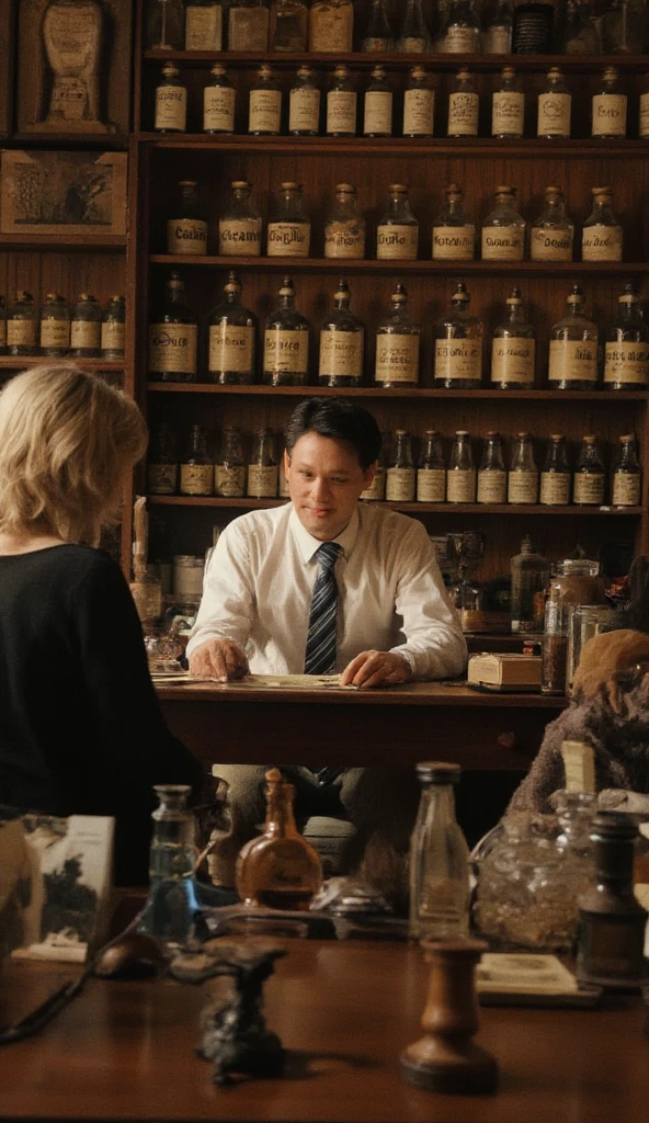 A 19th-century apothecary shop filled with shelves of bottles labeled 'Cocaine' and 'Opium,' with a smiling pharmacist serving a customer in Victorian clothing, interior wide shot, hyper-realistic, photo realism, cinematography, ar 9:16