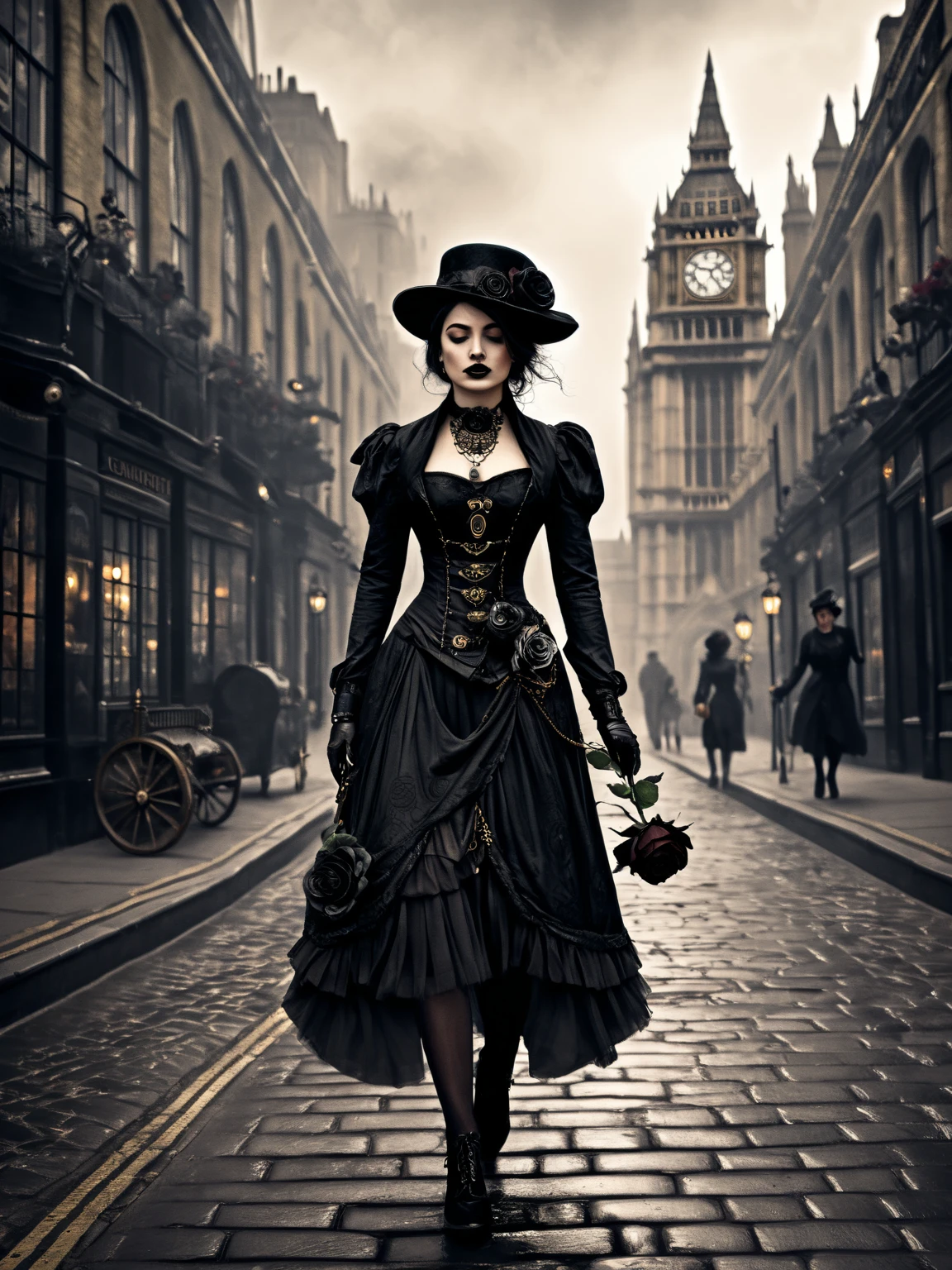 Portray a stunning (((Indian woman))) with a rich brown complexion in an exquisite, ((mud-drenched)) steampunk gown with layered textures and a corset, drawing from historical fiction. She wears a magnificent brown hat with a feather, leather brown boots, and a fashionable parasol. Ensure the mud on the dress is clear and visibly dripping. Set against a gritty, (((dirty))) steampunk city background. Ensure the overall look is grand, bold, and breathtakingly beautiful
