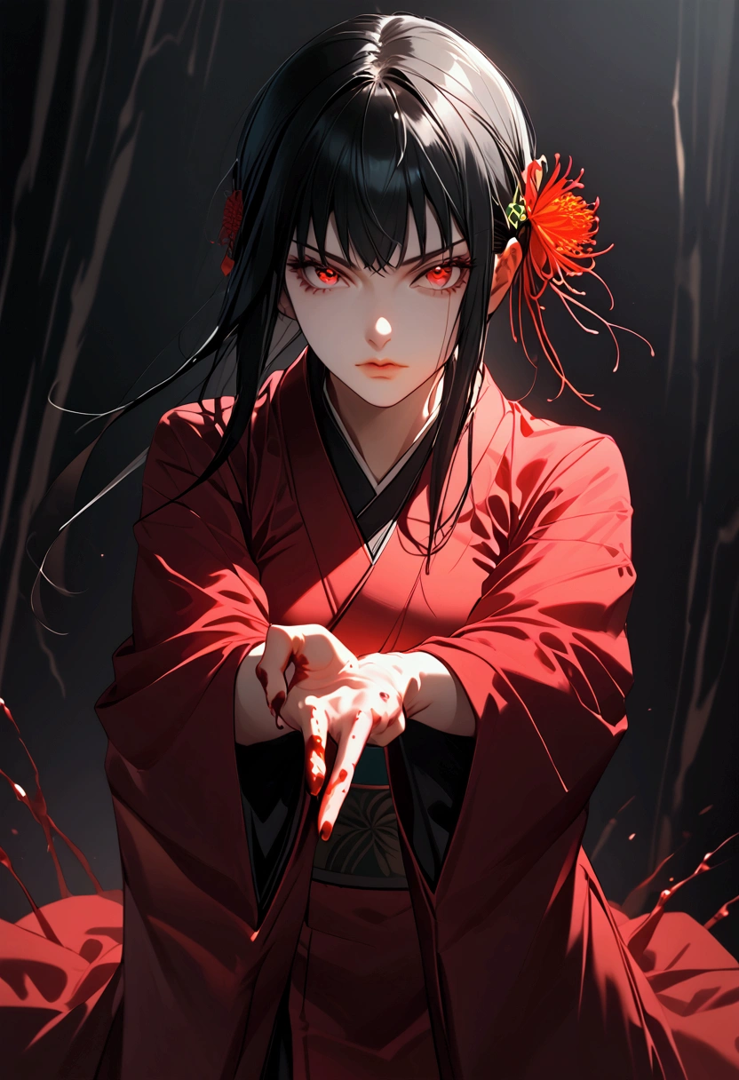 Yor Briar from Spy X Family, long black hair, fair skin, blood red eyes, blood, dynamic pose, kunoichi, lycoris radiata, kimono