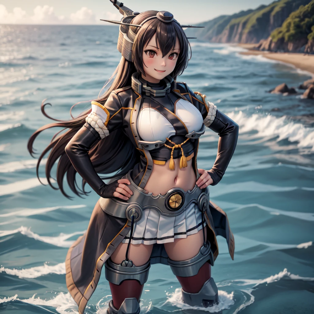 masterpiece, best quality, absurdres, perfect anatomy, 1girl, solo, NagatoNi, smile, standing, hands on hips, ocean scene, outdoors, 