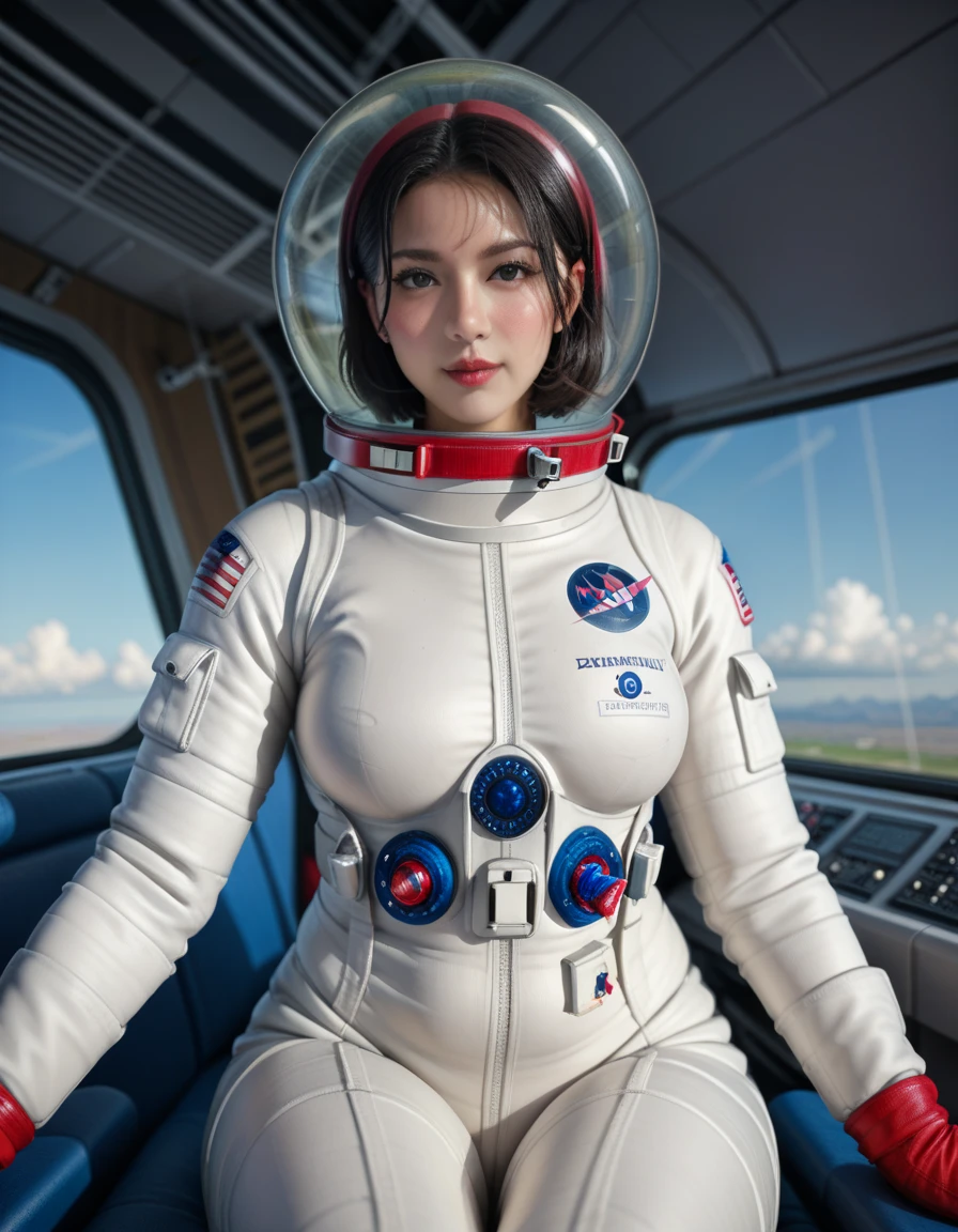 (spacesuit:1.15), , space ooking at the audience,,helmet,lushing, , , (airplane cockpit), (in flight), (10000 feet altitude)、(sky view):, cocpit, space, masterpiece, best quality, 1girl, solo, , looking at the audience, bed, masterpiece, best quality, 1girl, solo, , tits, , medium hair ,,   red collar, spacesuit nasa , (astronaut:1.3)