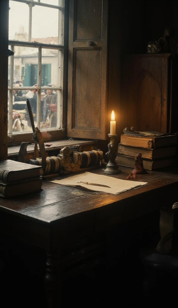 A dimly lit 19th-century study with a dusty, worn wooden desk, a flickering oil lamp, a stack of old books, and a quill pen resting on parchment, with horse-drawn carriages and people in period clothing visible through a window in the background, medium shot, hyper-realistic, photo realism, cinematography, ar 9:16