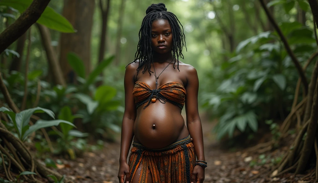 A typical woman from the Republic of Congo, wearing typical costumes and accessories from the Republic of Congo. Inside a traditional site in the Republic of Congo. With a band on his arm in the colors of the flag of the Republic of the Congo. plumpness. beautiful face. Linda. hyperrealisti. hyper detailled. pregnant breasts. sitting on a bench. Kale. at dusk. 9 months pregnant.