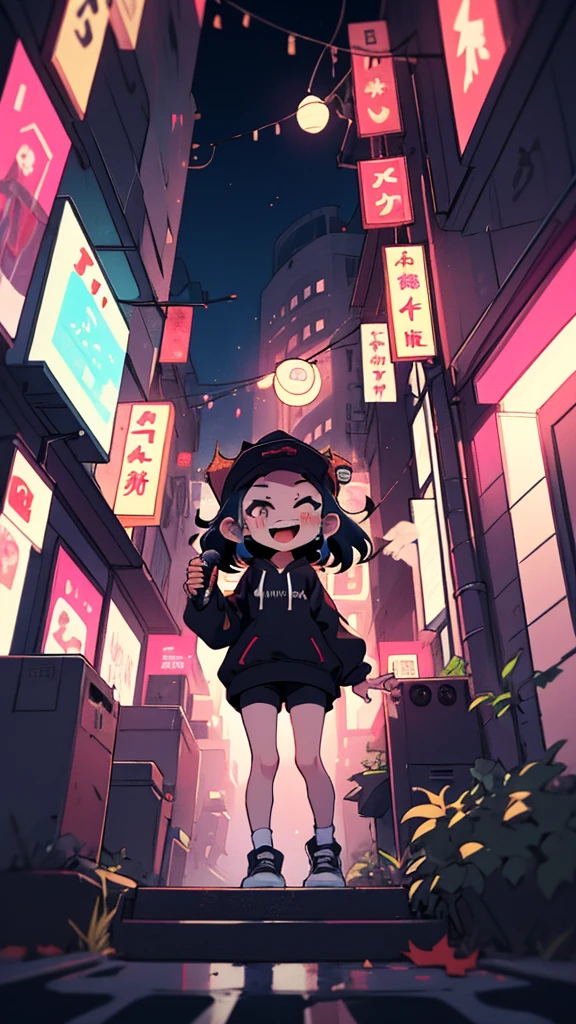 masterpiece,  top quality ,  CASSETGIRL , score_9,  score_8_up,  score_7_up,  score_6_up,  score_5_up,  score_4_up,    dark purple hoodie holding a white stick,  Short Shorts ，One black boombox 、, a cartoon drawing of a girl with a microphone and a hat, cartoonish cute, cartoon artstyle, gta chinatowon art style, urban girl fanart, official fanart, maple story gun girl, chibi style, anime moe artstyle, casually dressed, chibi girl, gta chinatown wars art style, Otaku from Ganga, high quality fanart, caitlyn from league of legends， anatomically correct， eyes closed , :d, Back Alley，Sucking a white stick ，Sadness　,  cowboy shot,night，neon，bustling street， view from below， She's looking up ， cigarettes，Stick to stick in your mouth，， Yankee sitting， holding a microphone ， No Emotion，