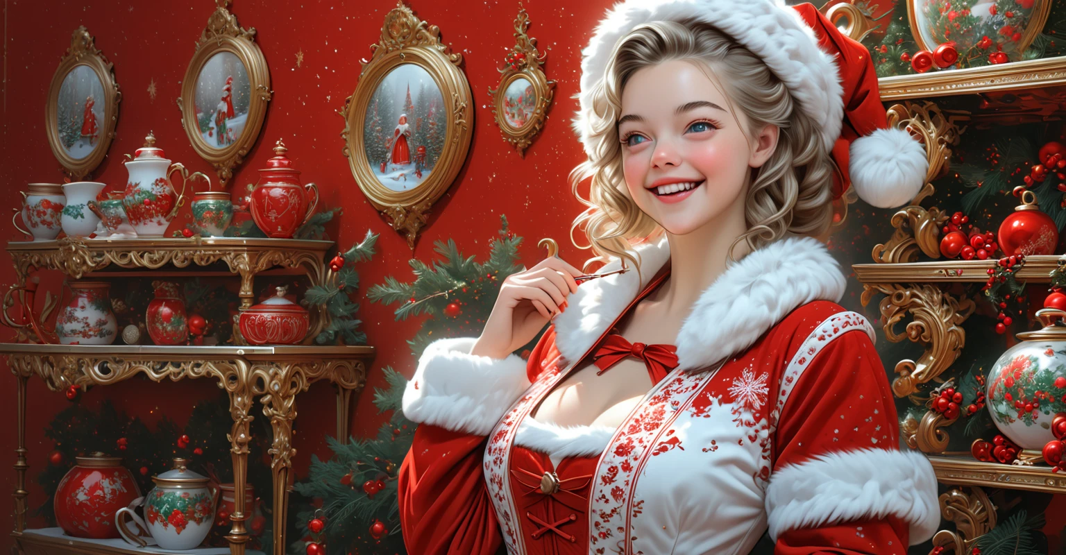 Mrs Claus. Sydney Sweeney. Official Art, Award Winning Digital Painting, Digital Illustration, Extreme Detail, 4k, Ultra Hd, Rococo, Polished, Intricate, Realistic Fantasy Art, Sharp Focus, Concept Art, Art By Wlop, Artgerm, (2d Vector Illustration) sexy pose. Santa . Jolly, happy, joyful, cheerful. Background is a cheerful room with a roaring fire. Pretty, attractive. elegant.
