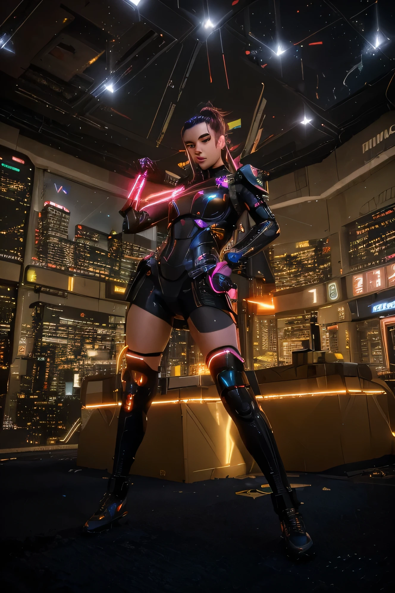 ((Best quality, 8k, 32k, Masterpiece, UHD:1.2), "Transform the setting of the image into Lumina Square from Zenless Zone Zero, a vibrant, futuristic urban hub alive with neon lights and high-tech architecture. The scene showcases a dynamic cyberpunk-inspired environment bathed in electric hues of teal, magenta, and violet, illuminating sleek, modern structures and holographic displays. Giant digital billboards project abstract advertisements and glowing logos onto the sides of towering skyscrapers, creating a sense of bustling energy even though the area remains eerily empty. The pavement reflects the neon glow as if slick with rain, adding a cinematic and immersive atmosphere to the cityscape.

Position Burnice White at the center, striking a dynamic pose full of confidence and determination. Her unique outfit and cyber-enhanced weaponry should stand out against the glowing backdrop. Her stance exudes power, as though she's ready for action, with small digital particles or glitch effects subtly surrounding her, evoking Zenless Zone Zero's signature high-energy aesthetic.

The sky above the square is a deep night blue, streaked with faint traces of stars, giving a timeless and futuristic vibe. The area is devoid of crowds or distractions, focusing solely on Burnice and the atmosphere of Lumina Square—vivid, urban, and high-tech, capturing the game's visually striking world."