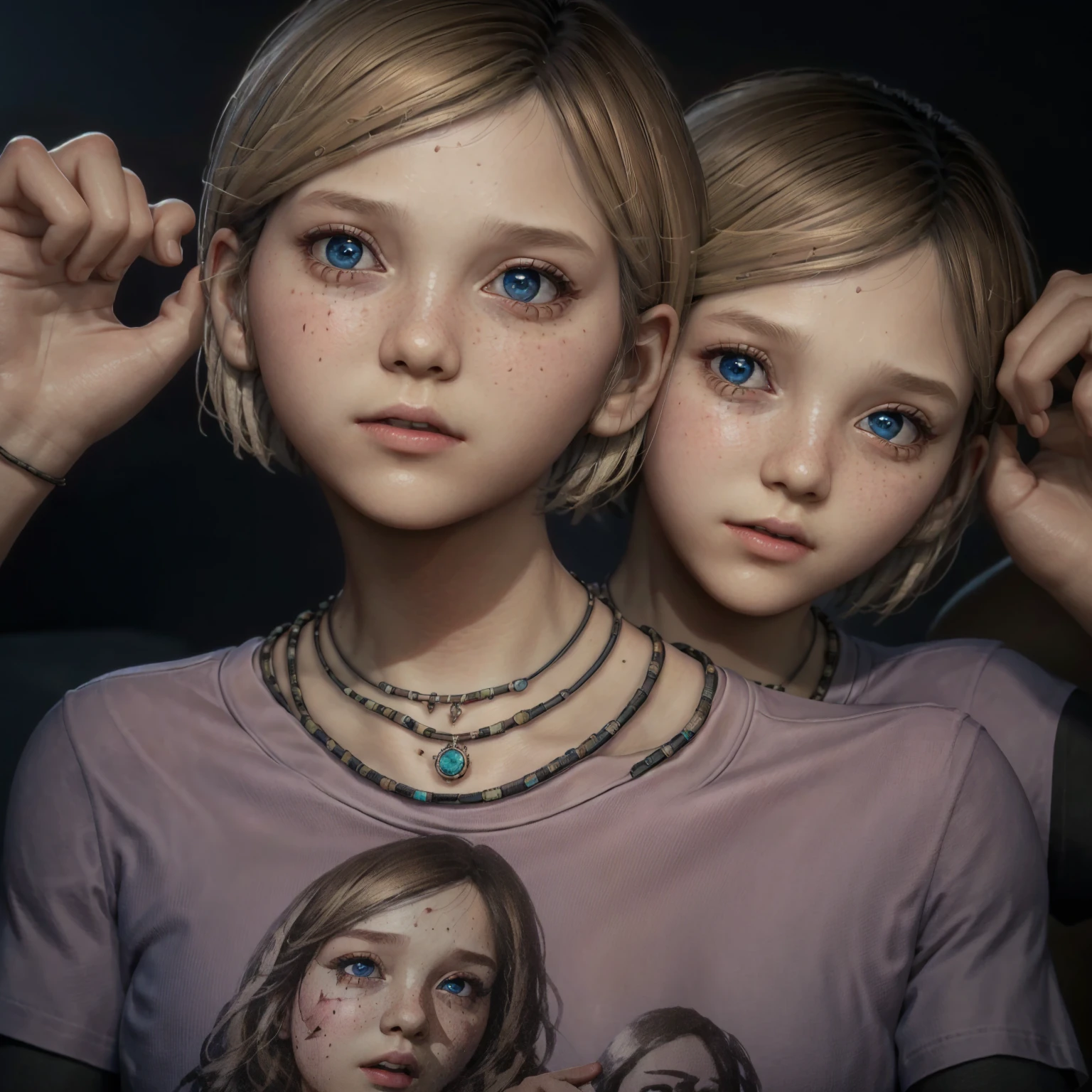 (masterpiece, best quality, super detailed, beautiful details eyes, Clean and delicate face), Super realistic, 1 lady and 1 young boy, upper body, ((She is holding the young boy in her Great breast with great joy, The young boy buried his face in her chest and Ecstatic)), The lady is blonde pony tail, wearing white tank top, A red cherry tattoo near her Collarbone, Great breasts are Great Weapon for young man, Beautiful Art Ultra HD 8K, 8K highly detailed digital art, background blur