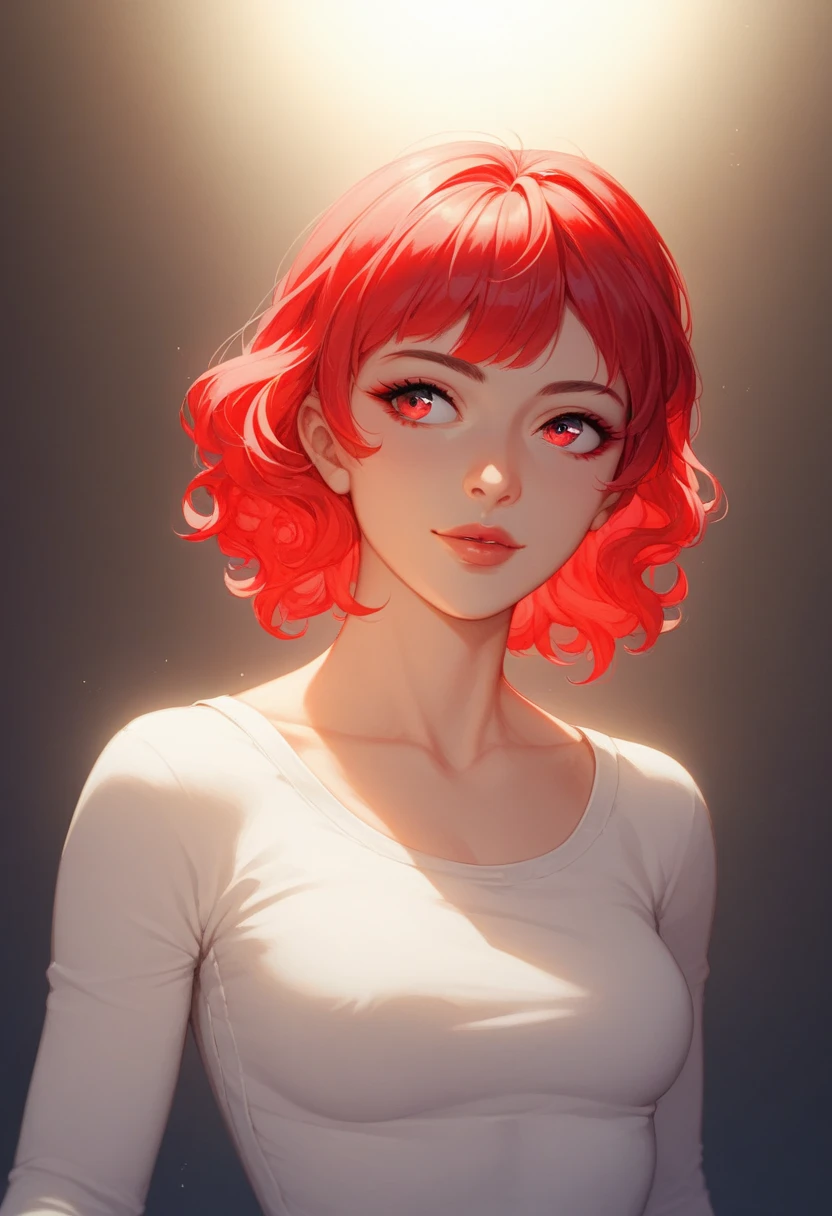 She is wearing an outfit of a white top and skinny jeans , , ella posa standing c. Her short wavy red hair and ruby red bangs add a vibrant touch, mientras que el ambiente interior con Soft lighting crea un equilibrio, a slightly playful atmosphere.short red elo with fringe , standing, looking to the camera, soft skin, indoor background, Soft lighting, Playful and vibrant atmosphere, Front view, well balanced exposition , small bust and rectangular body