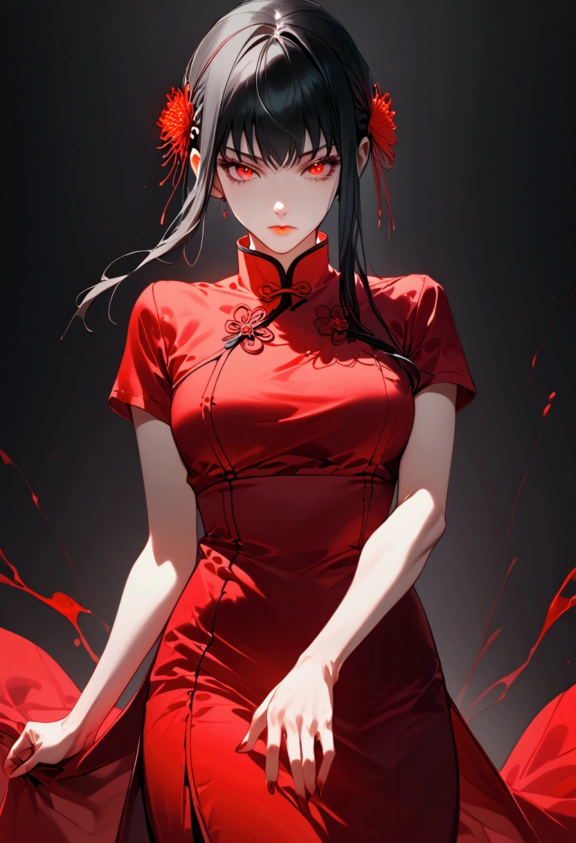 Yor Briar from Spy X Family, long black hair, fair skin, blood red eyes, perfect hands, blood, dynamic pose, kunoichi, lycoris radiata, qipao