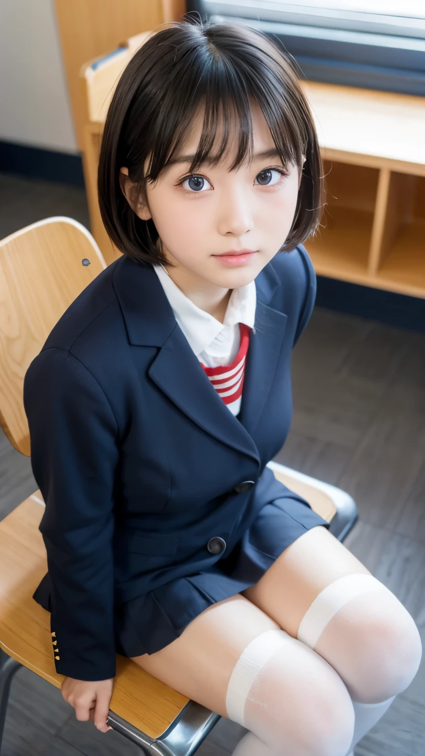 Young cute    ， Tight Japanese elementary school Socks  。  She should look natural     ，【crop， curved  ，Little physics    （130 cm），   huge breasts，   Big Blue Eyes   ，   Black Short Hair，    took this high-resolution photo with 35mm lens ， To get a good perspective   。   sitting on a chair  ，  with legs stretched out in panties    ，   Classroom interior   