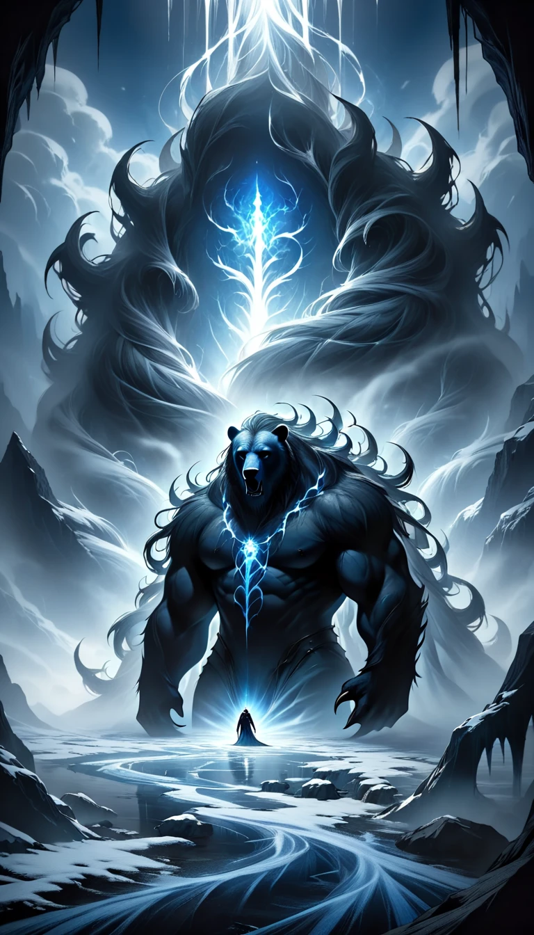 "A towering, shadowy polar bear with a hulking, muscular frame that seems to shift and ripple with dark energy. Tank’s fur is no longer pristine white but a deep black, with shadowy tendrils flowing off his body like mist, blending into the darkness around him. His piercing, glowing blue eyes shine like beacons, exuding both intelligence and raw power. His claws and fangs glimmer faintly with a dark metallic sheen, radiating menace. Around his neck and shoulders, a thick, shadow-like mane flows like smoke, giving him a regal and otherworldly aura. The backdrop is a dark, frozen tundra illuminated by an eerie blue moon, with icy winds swirling around him, carrying faint trails of black mist. Tank’s presence is a haunting mix of primal ferocity and supernatural dominance, an apex predator born of shadows and frost."