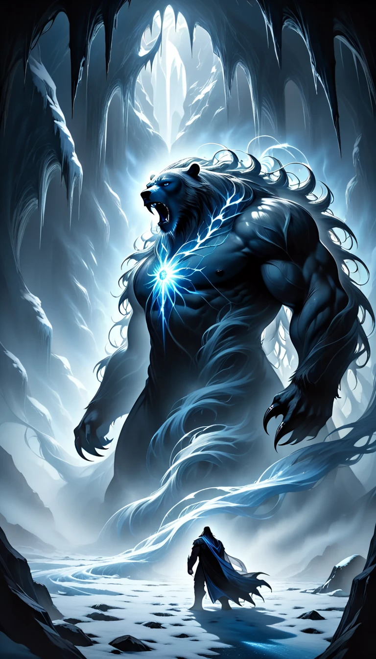 "A towering, shadowy polar bear with a hulking, muscular frame that seems to shift and ripple with dark energy. Tank’s fur is no longer pristine white but a deep black, with shadowy tendrils flowing off his body like mist, blending into the darkness around him. His piercing, glowing blue eyes shine like beacons, exuding both intelligence and raw power. His claws and fangs glimmer faintly with a dark metallic sheen, radiating menace. Around his neck and shoulders, a thick, shadow-like mane flows like smoke, giving him a regal and otherworldly aura. The backdrop is a dark, frozen tundra illuminated by an eerie blue moon, with icy winds swirling around him, carrying faint trails of black mist. Tank’s presence is a haunting mix of primal ferocity and supernatural dominance, an apex predator born of shadows and frost."