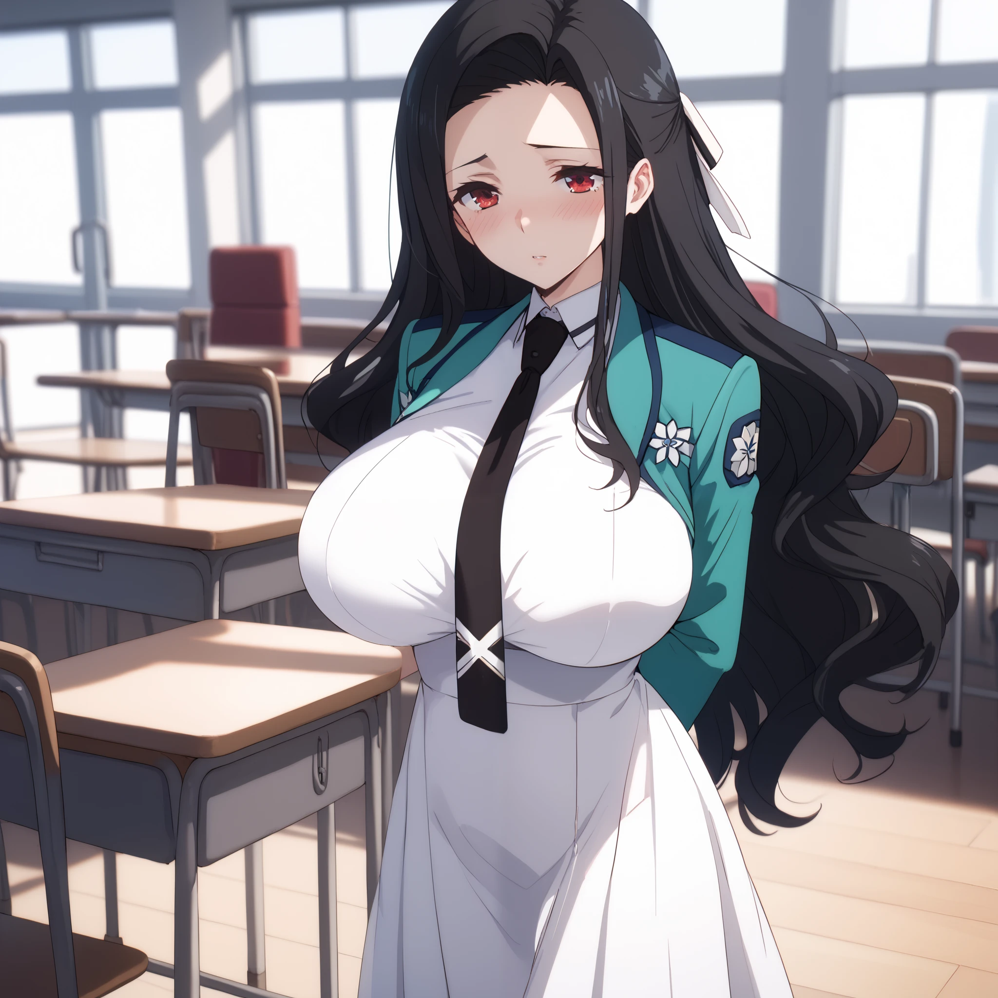 long sleeves, dress, school uniform, pantyhose, necktie, white dress, black necktie, (arms behind back:1.4), breast, (huge breasts:1.15), (blush), 8k masterpiece, (1girl, solo), mayumi saegusa, long hair, black hair, red eyes, ribbon, hair ribbon,