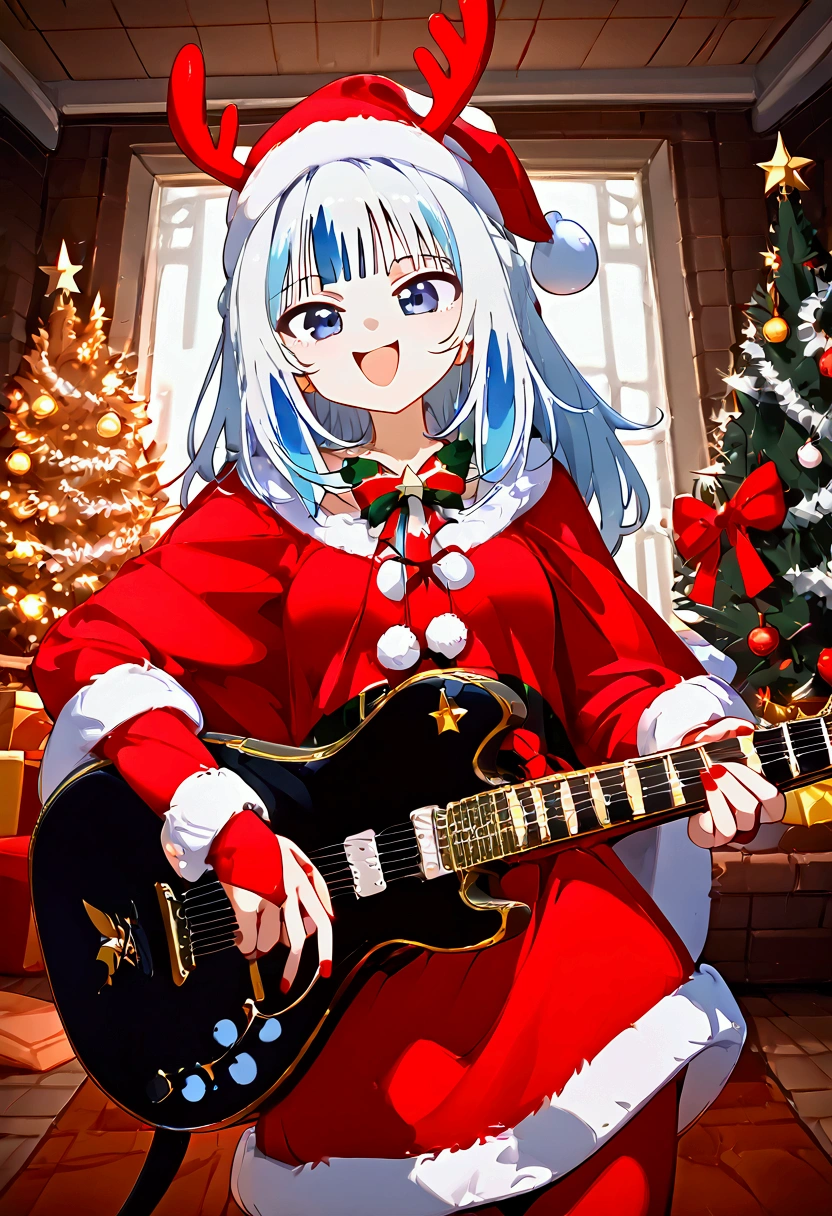 (( best quality  )), Gawr Gura playing the guitar singing,  Christmas winter scenes , Christmas Decorations,  Christmas illustrations ,  Christmas character designs , Christmas nail art ,  Christmas food and Christmas street scenes., XUER Guangying-Guangxiang