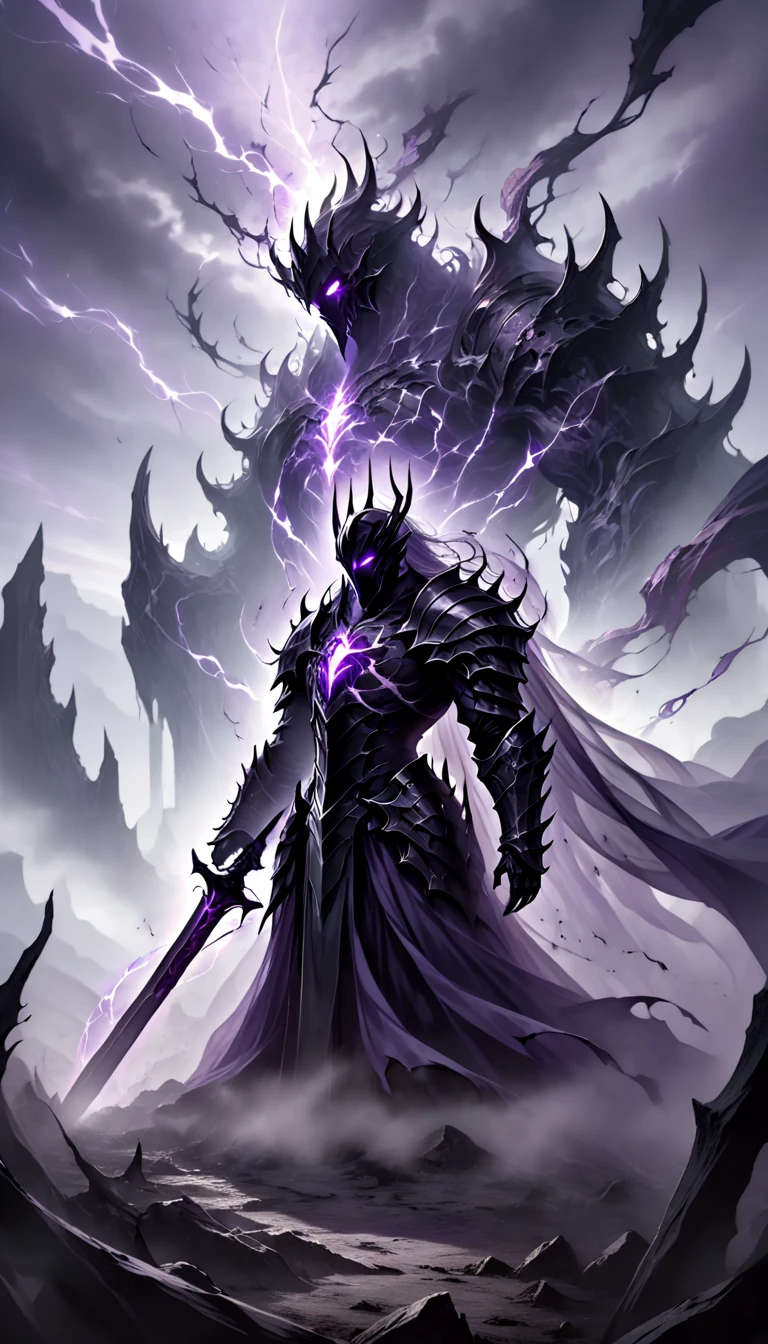 "A colossal, shadow-infused knight with a broad, heavily-armored frame radiating a dark and imposing presence. Iron’s black armor is jagged and cracked, pulsating with faint veins of glowing purple energy that seem alive, flowing through his chest and limbs. His helmet is sharp and angular, with glowing purple eyes that burn like smoldering embers in a void. His massive arms are equipped with spiked gauntlets, and his enormous, clawed hands rest on the hilt of a jagged, battle-worn greatsword embedded in the cracked, barren ground. Shadowy mist swirls around him, blending with the dark, desolate battlefield lit by a dim, eerie purple light. Iron’s stance exudes unyielding strength and terrifying power, a guardian born of shadows and forged for battle."