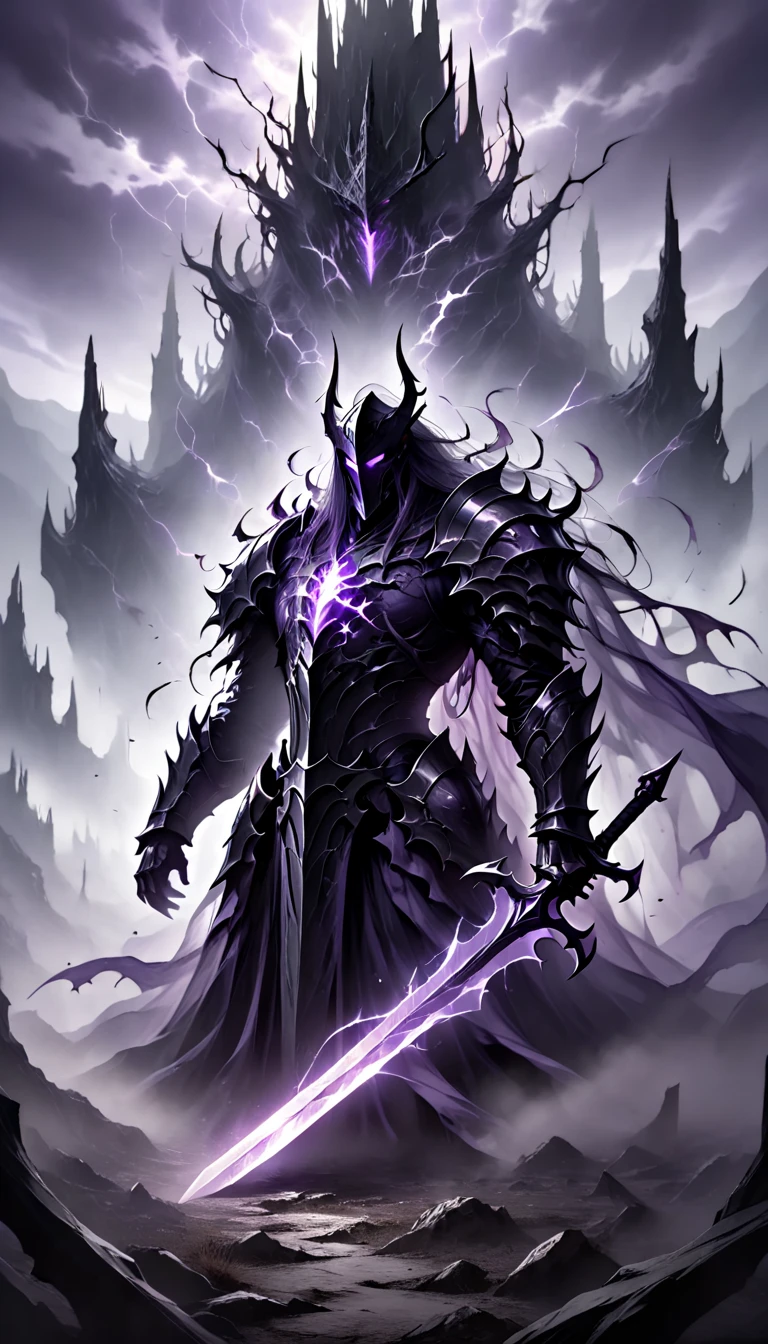 "A colossal, shadow-infused knight with a broad, heavily-armored frame radiating a dark and imposing presence. Iron’s black armor is jagged and cracked, pulsating with faint veins of glowing purple energy that seem alive, flowing through his chest and limbs. His helmet is sharp and angular, with glowing purple eyes that burn like smoldering embers in a void. His massive arms are equipped with spiked gauntlets, and his enormous, clawed hands rest on the hilt of a jagged, battle-worn greatsword embedded in the cracked, barren ground. Shadowy mist swirls around him, blending with the dark, desolate battlefield lit by a dim, eerie purple light. Iron’s stance exudes unyielding strength and terrifying power, a guardian born of shadows and forged for battle."