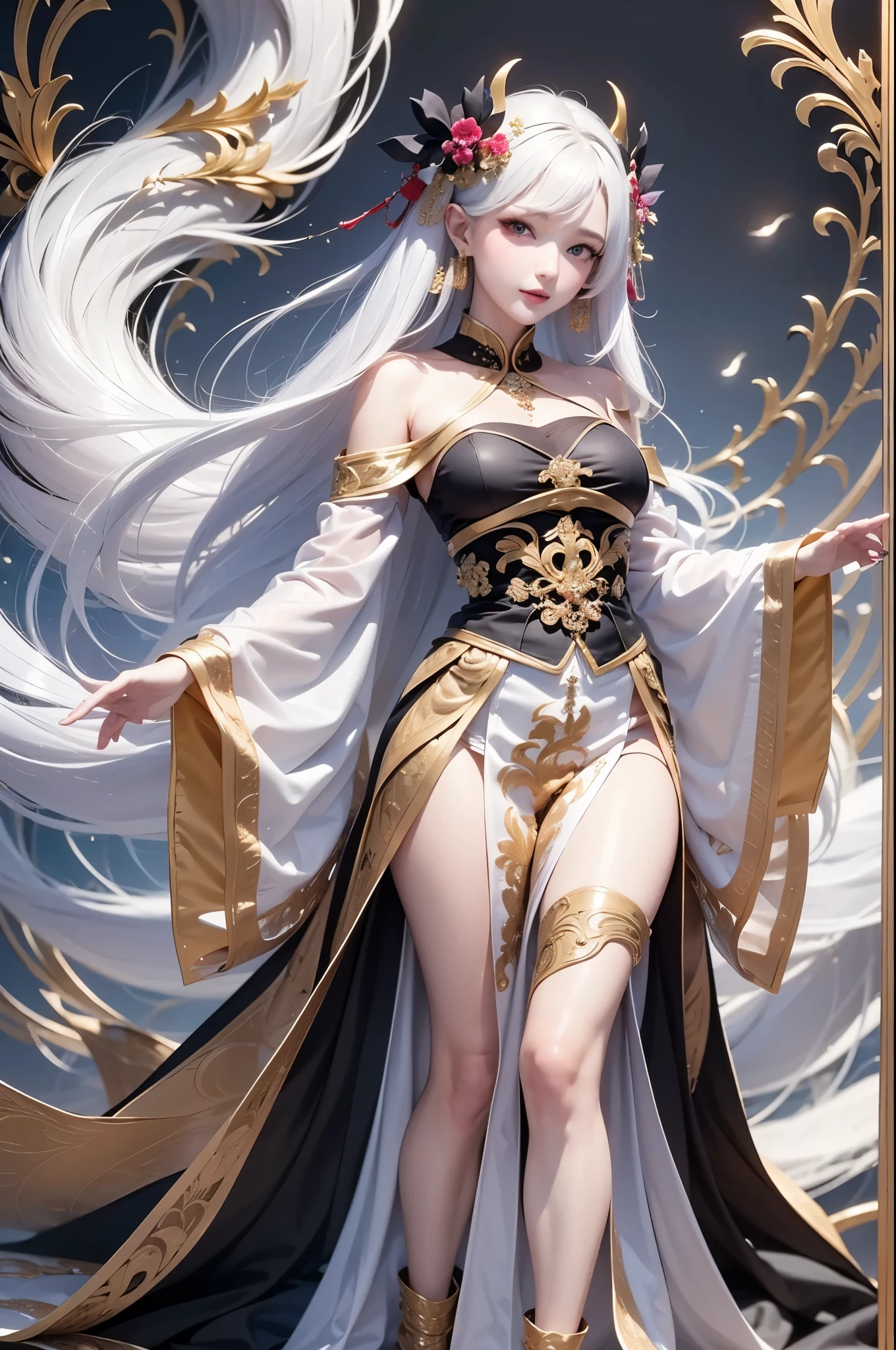 full body image:1.5, super high quality, masterpiece, Perfect illustration, Very detailed:1.6,　white barance, 1girl, 23 years old, cute girl, white hair, sharp and big beautiful eyes, medium breasts, bright skin. fantasy royalty, onmyoji, majesty, asian dress. black and gold clothes. simple background, white background, white dust. hanbok、Chinese royal clothing,
