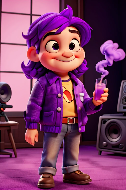  Minien to find , smokes a thick ,  wide cigarette ,  at the recording studio and holds a double glass of purple soda on his right hand 