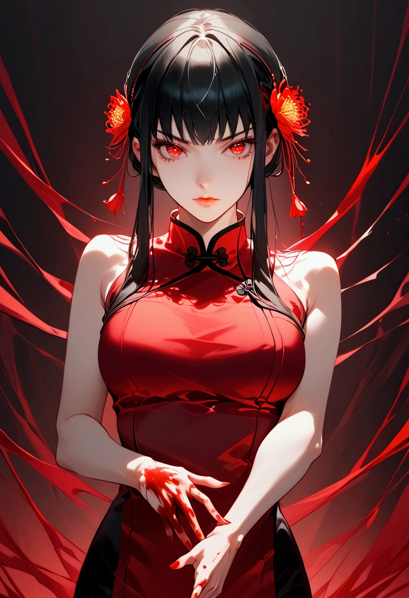 Yor Briar from Spy X Family, long black hair, fair skin, blood red eyes, perfect hands, blood, dynamic pose, kunoichi, lycoris radiata, qipao