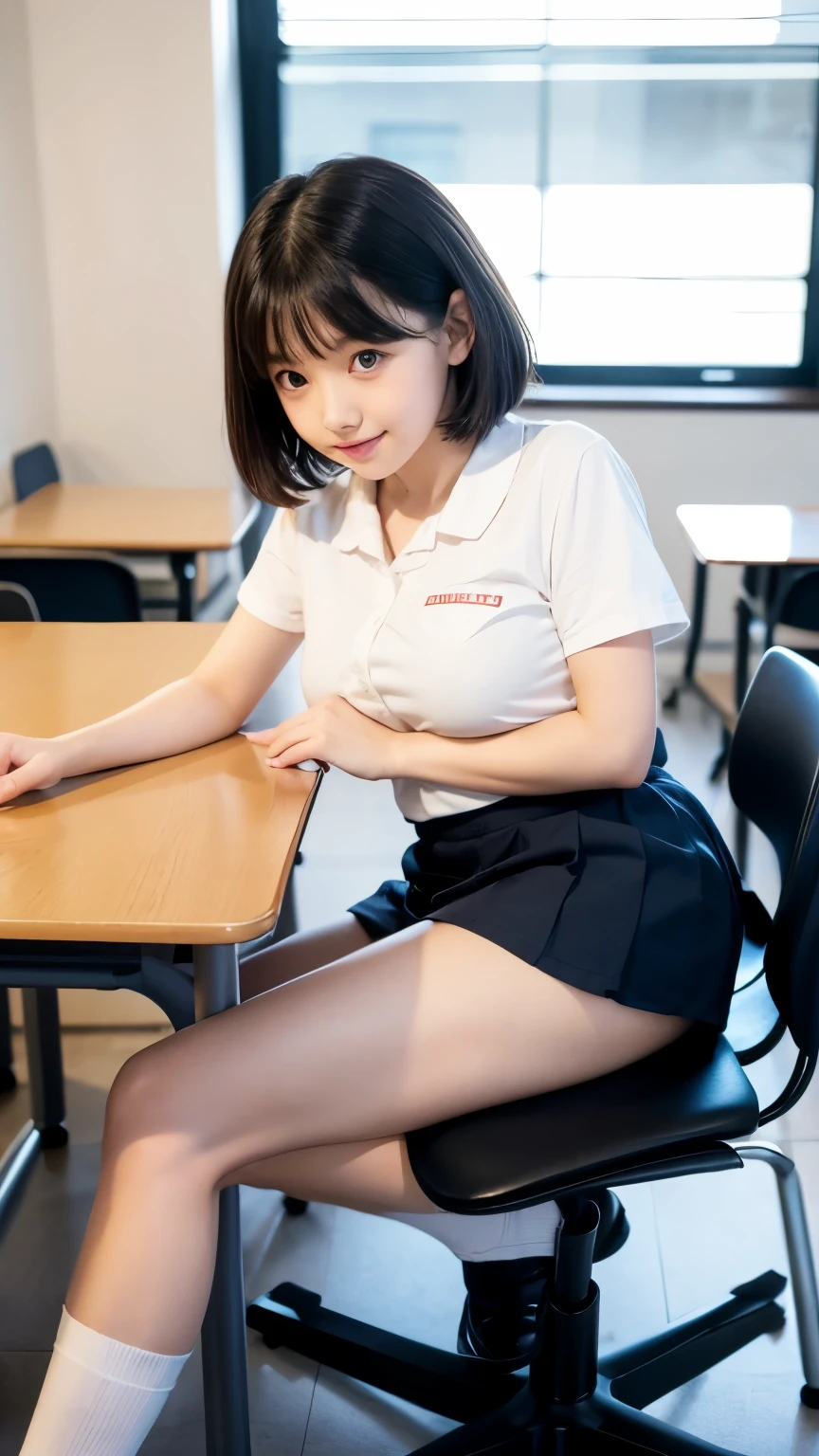  young cute *****************  ， Tight Japanese ************************* costume ，  White Socks  。  She should look natural     ，【crop， curved  ，Little physics    （130 cm），   huge breasts，   Big Blue Eyes   ，   Black Short Hair，    took this high-resolution photo with a 35mm lens ， To get a good perspective   。   sitting on a chair  ，  with legs stretched out in panties    ，   Classroom interior   