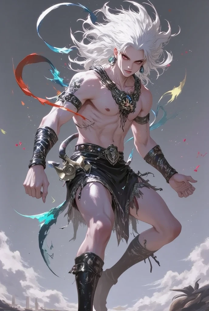 An Albino Man,  with long white hair and red eyes ,  their physical structure is strong with loose and well-defined muscles wearing barbaric clothes, Few and made of animals doing a martial pose.