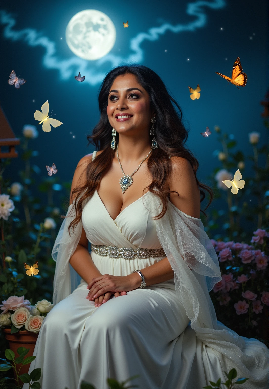 a beautiful indian woman with a voluptuous figure wearing a white dress, sitting in a garden with a serene smile on her face, butterflies fluttering around her, a full moon night sky filled with stars and magical elements