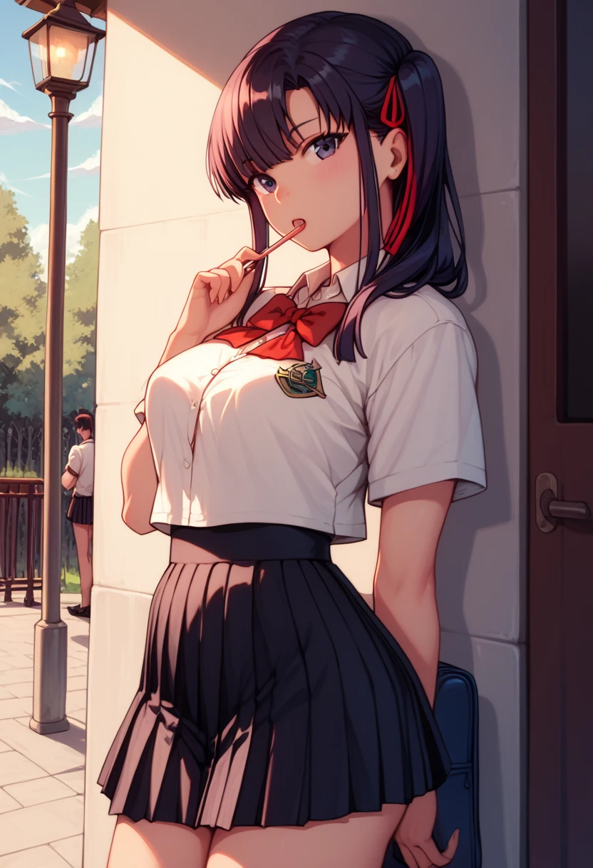 Sakura :   dressed in school uniform, with a very very short skirt,  vista inferior.