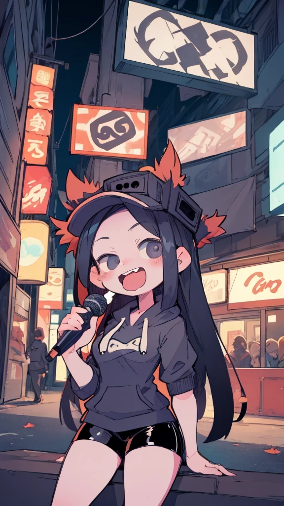 masterpiece,  top quality ,  CASSETGIRL , score_9,  score_8_up,  score_7_up,  score_6_up,  score_5_up,  score_4_up,    dark purple hoodie holding a white stick,  Short Shorts ，One black boombox 、, a cartoon drawing of a girl with a microphone and a hat, cartoonish cute, cartoon artstyle, gta chinatowon art style, urban girl fanart, official fanart, maple story gun girl, chibi style, anime moe artstyle, casually dressed, chibi girl, gta chinatown wars art style, Otaku from Ganga, high quality fanart, caitlyn from league of legends， anatomically correct， eyes closed , :d, Back Alley，Sucking a white stick ，Sadness　,  cowboy shot,night，neon，bustling street， view from below， She's looking up ，Sucking a white stick ，Stick to stick in your mouth，， Yankee sitting， holding a microphone ， No Emotion， holding a microphone ，