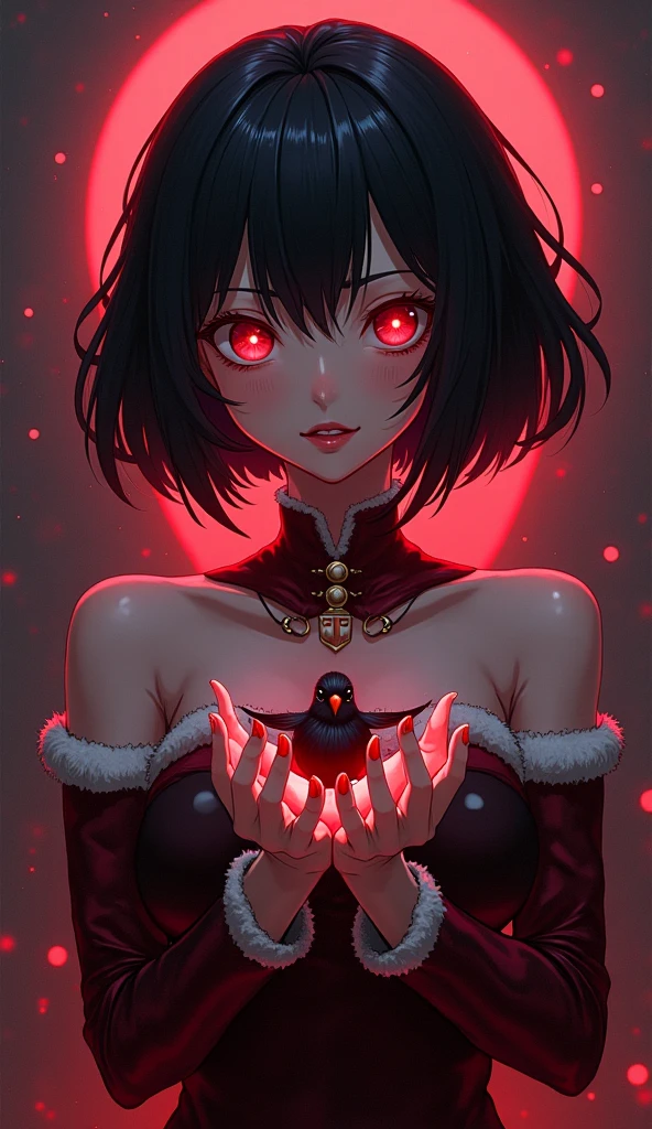 short hair,  anime girl with black hair and red eyes holding a bird, gapmoe Yandere, Yandere, gapmoe Yandere grimdark, akane owari danganronpa, Yandere. high, 2d anime style, retrato gapmoe Yandere grimdark, By Jin Homura, Kill la Kill illustration ,  with glowing red eyes , Intricate Yandere, muscle girl, sexy Christmas