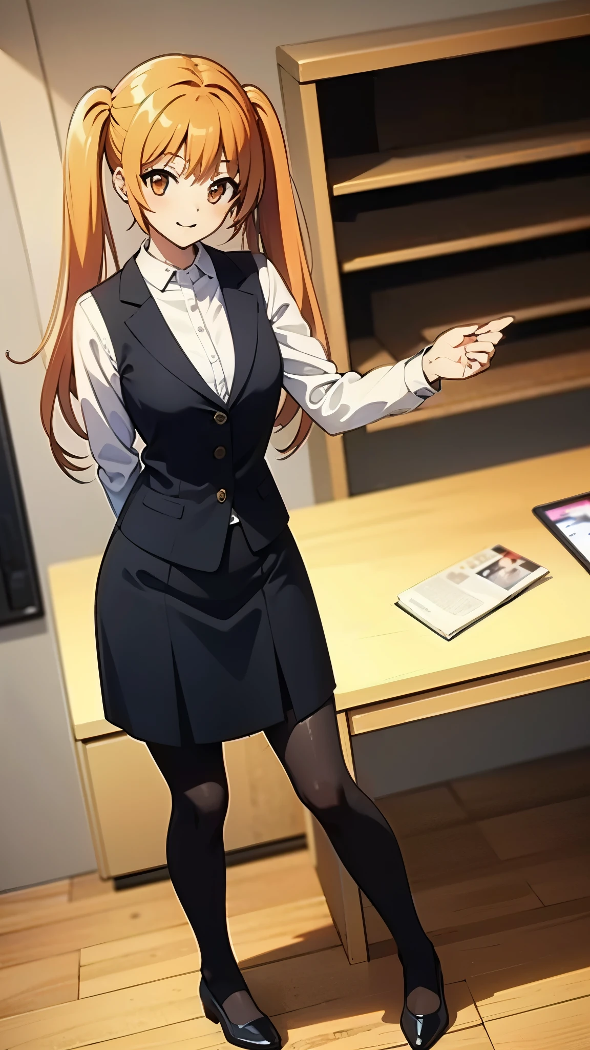 indoor, inside office, wearing dark blue office lady, black pumps, black pantyhose, break anime style, masterpiece, best quality, break, orange hair, break high bridge, BREAK super straight hair, BREAK long side twin tails, break standing, full body shot,