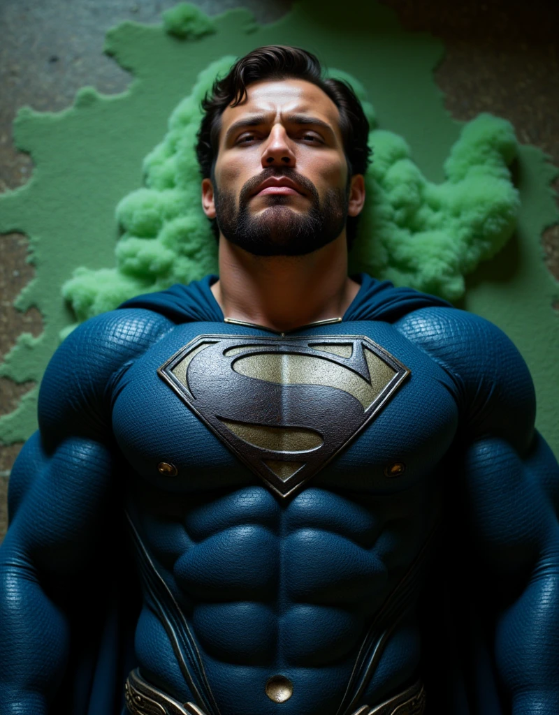 muscular attractive Zafer, strong physique, Muscular man radiates weakness and pain, his defined and wavy muscles. wearing blue, form-fitting Superman costume, liying on the floor, in pain with his mouth slightly open and his eyes closed, injured and nearly unconscious, surrounded by green gas. in an indoor environment, top view