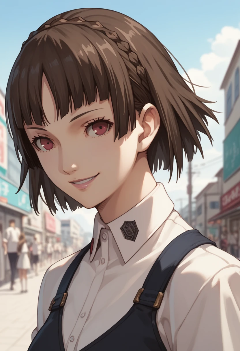  top quality ,masterpiece, super detailed , super high resolution ,female 1 person,Japanese School,uniform,Seduce,smile,lewdness,(name:Makoto Niijima),