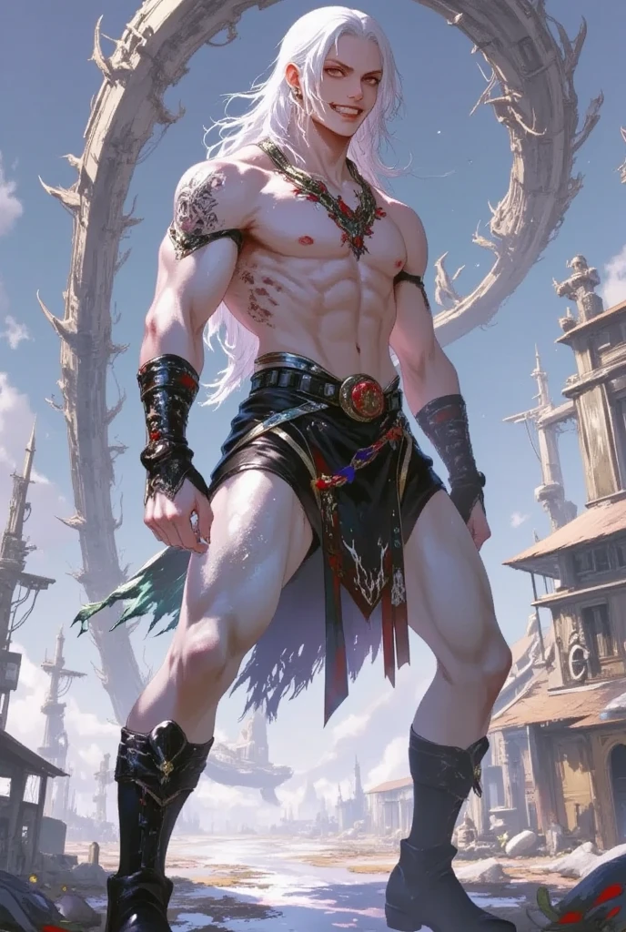 An Albino Man,  with long white hair and red eyes ,  their physical structure is strong with loose and well-defined muscles wearing barbaric clothes, Few are made of animals doing a martial pose and a crazy smile on their faces.