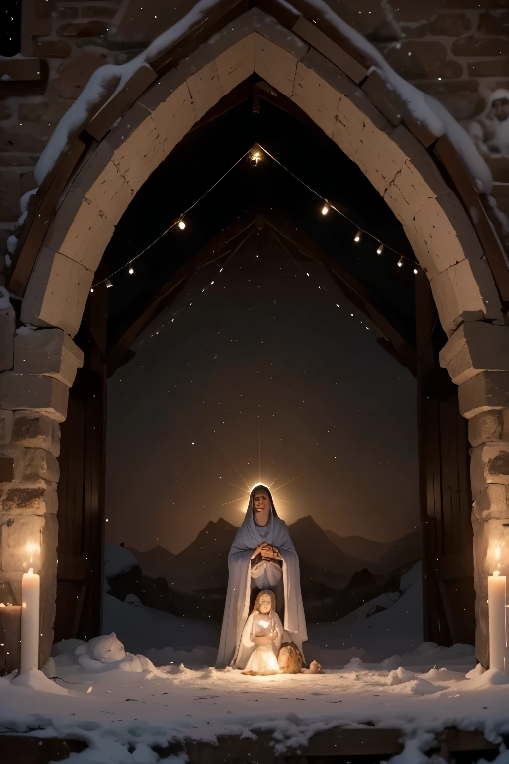 a newborn baby jesus in a humble manger, mary and joseph looking at him with awe and reverence, angelic figures surrounding the holy family, glowing light emanating from the child, snow-covered landscape outside the cave, warm and cozy interior, detailed religious iconography, masterpiece, photorealistic, highly detailed, cinematic lighting, muted color palette, sacred and spiritual atmosphere