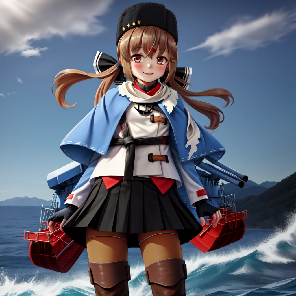 tashkent \(kancolle\), 1girl, solo, skirt, gloves, hat, twintails, fur hat, papakha, fingerless gloves, black skirt, jacket, pantyhose, boots, white jacket, thigh boots, red shirt, black gloves, shawl, black headwear, blue shawl, torn scarf, scarf, thighhighs, anchor necklace, black bow, shirt, untucked shirt, ribbon trim, black footwear, white scarf, necklace, bow, turret, pleated skirt, looking at viewer, jewelry, smile, star \(symbol\), anchor, mountain, ocean, cowboy shot, long sleeves, belt, hairclip, black belt, original, intricate detail, illustration, masterpiece, extremely detailed CG unity 8k wallpaper, highlight, sharpening, dynamic,