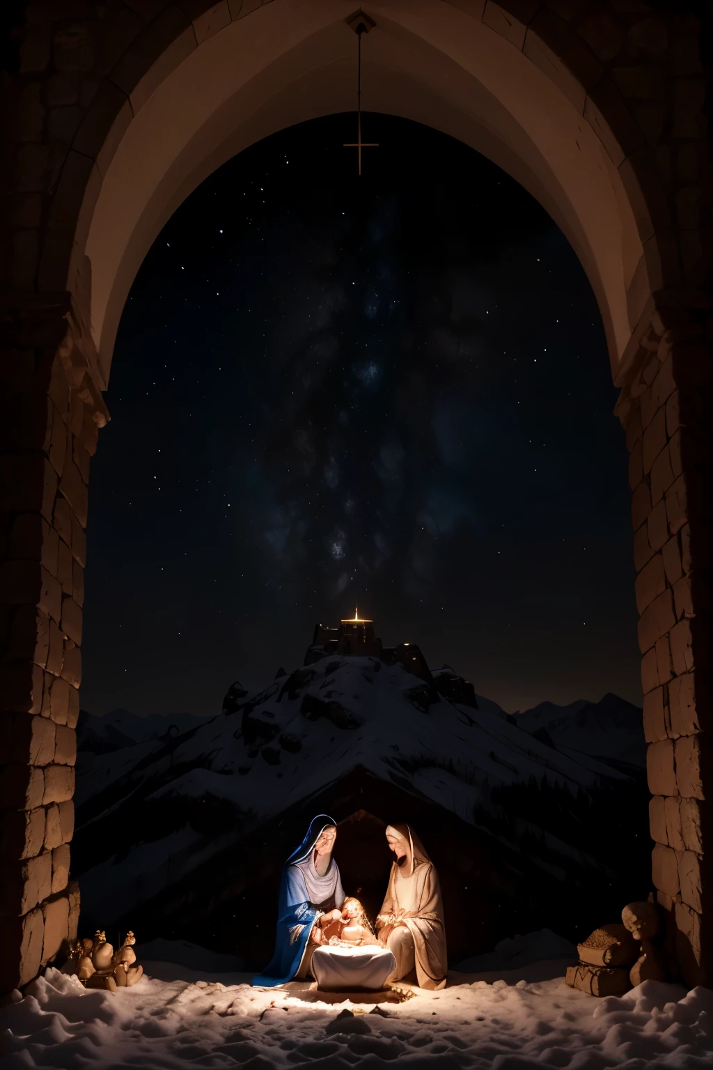 
a newborn baby jesus in a humble manger, mary and joseph looking at him with awe and reverence, angelic figures surrounding the holy family, glowing light emanating from the child, snow-covered landscape outside the cave, warm and cozy interior, detailed religious iconography, masterpiece, photorealistic, highly detailed, cinematic lighting, muted color palette, sacred and spiritual atmosphere