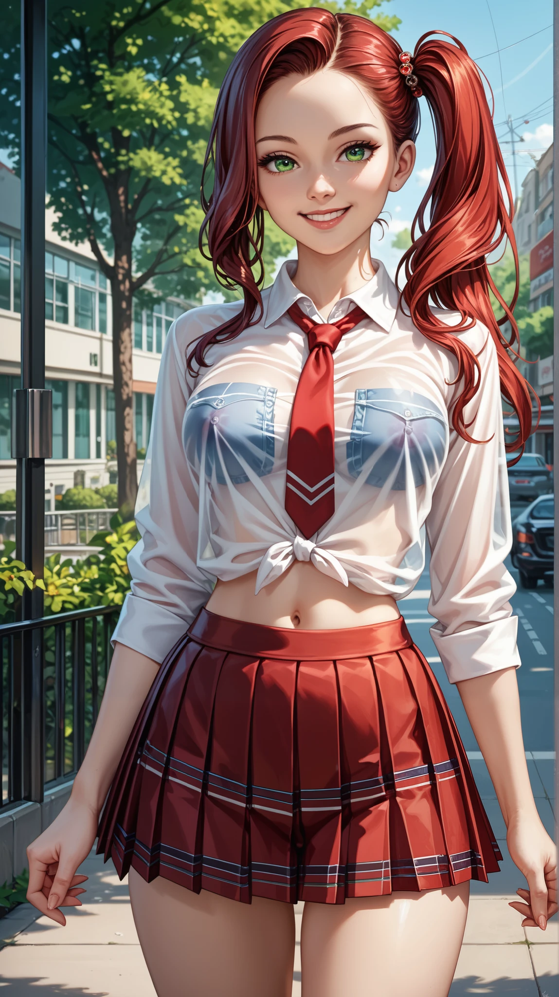nsfw, masterpiece, best quality, incredible quality, semi-realistic detailed CG, ultra detailed, Sharp Focus, 1 lady, JK, detailed face, detailed green eyes, slight smile, detailed semi-long hair, dark red silky hair, forehead, hair cut in the back, side ponytail, contrapposto, hands behind, navel, Charming thighs, knee, class, (transparent top white shirt), sexy school outfit, pleated skirt, red ribbon tie