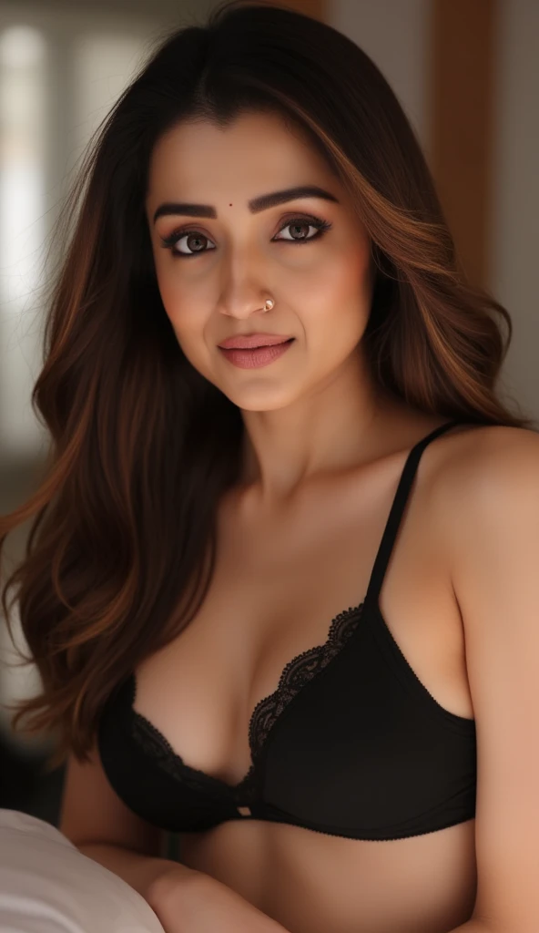 Just after bath,She is in her room, she wearing a lingerie , showing her black bra, her breast is seen, she is facing viewer, viewer sees her breast, in her indian bedroom, very detailed view, ultra hd, 4k image, close up,( milf), realistic mobile phon pboto, closeup, dense hair,(( ultrarealistic))