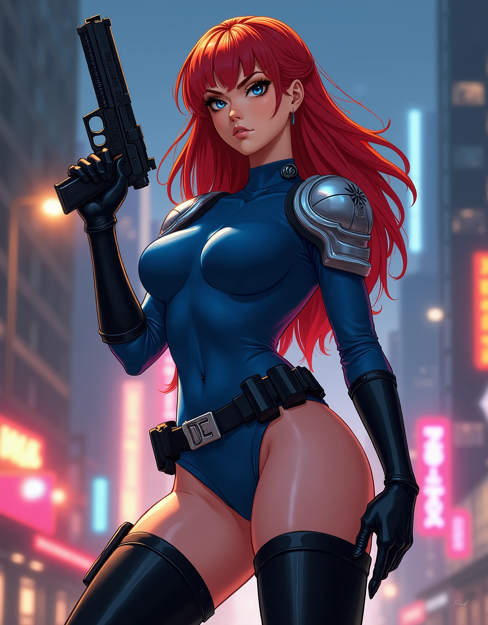 ((Best Quality)), ((Masterpiece)), (Very Detailed: 1.3), 3D, Icaru valkirie-mecha, Beautiful cyberpunk woman wearing crown with her red and blue mecha in ruins of a forgotten war city, long red hair, sci-fi technology, HDR (High Dynamic Range), ray tracing, nvidia RTX, super resolution, unreal 5, subsurface scattering, PBR texture, post-processing, anisotropic filtering, depth of field, maximum sharpness and sharpness, multi-layer texture, specular and albedo mapping, surface shading, statue of a perfect woman, Big breasts, light green eyes, pink high heels, open sky with sun, smiling, big ass, standing on his back looking back, show more ass, hands on ass, freckles on face, freckles on ass --auto