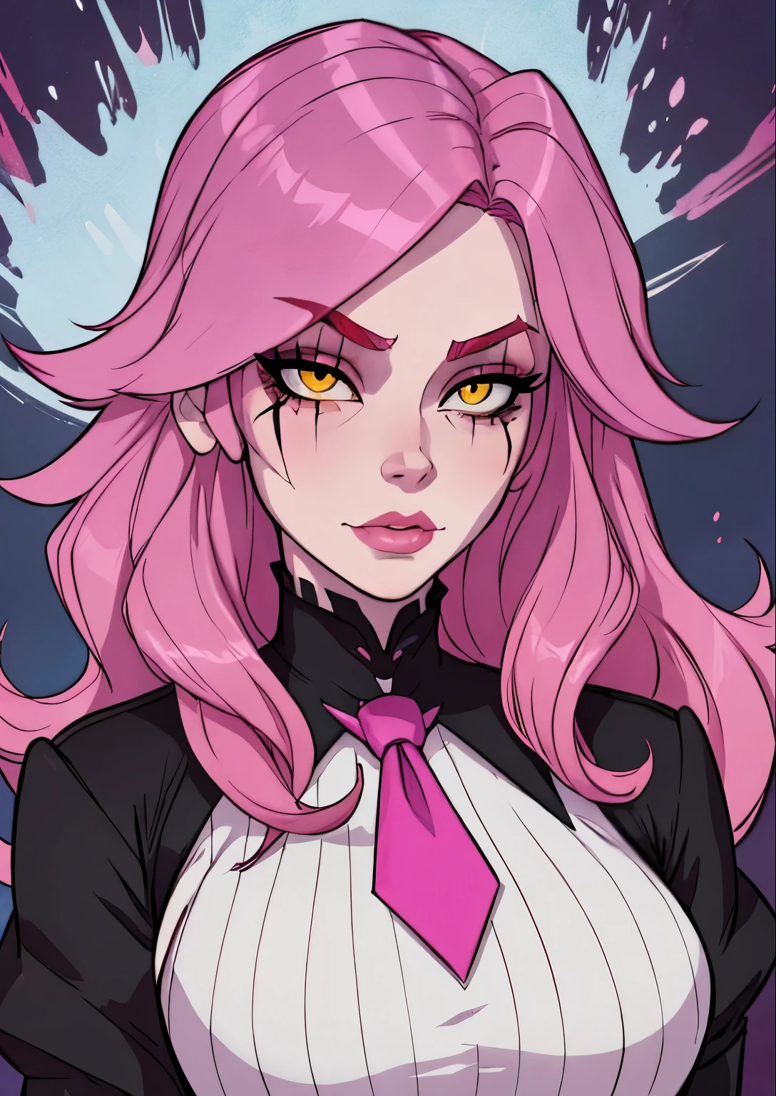 masterpiece, best quality, 1female, beautiful, face portrait, deep makeup, 1girl, face focus, long hair, pink hair, messy hair, goth, scar over eye, makeup, pale skin, academiaKat, yellow eyes, detailed, necktie