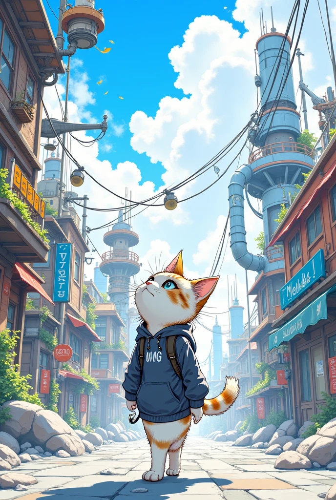 digital flyer, anime style poster art, magazine top page, vector art background, a cute chubby calico cat, huge exaggerated eyes,walking in steam punk city, smoky building there, sunny , magical city, misty, ancient structural object around,  ultra detailed animation, kawaii anime style, hoodie, backpack ,bagy, bags under eyes, creative anime, hand drawn illustration,