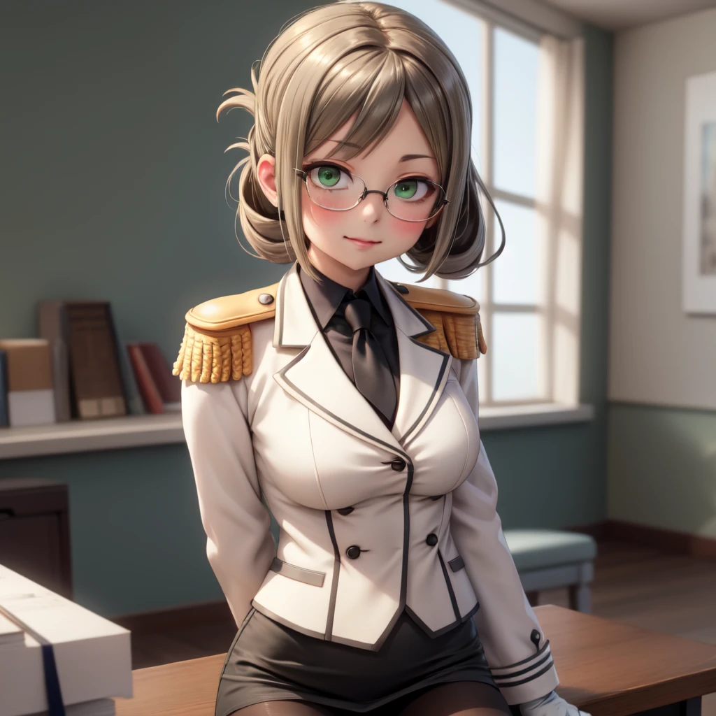 (masterpiece, best quality:1.2),illustration,8k,hd,1girl,solo,upper body,portrait,katori \(kancolle\),light brown hair,folded ponytail,parted bangs,green eyes,glasses,rimless eyewear,military uniform,white jacket,epaulettes,black necktie,white gloves,grey skirt,miniskirt,pencil skirt,black pantyhose,