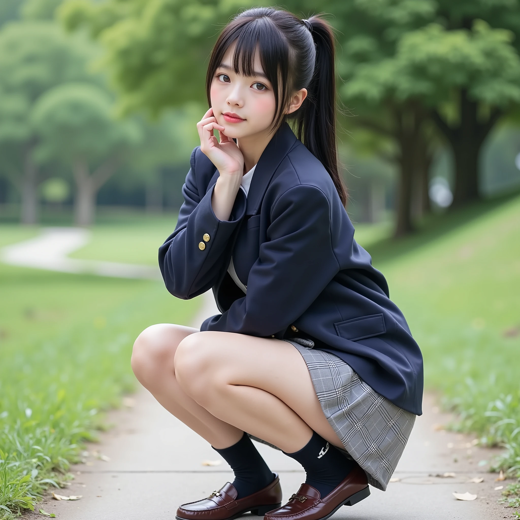  portrait photography,masterpiece, nsfw,8k,16k
(Teenage Japanese Girl, 157 Height cm,pale skin)

( 1 girl,Japanese standard petite fleshy body , head-body-ratio 1:6), Narrow shoulder width,  head tilt,flat chest, (sensual glamorous lower body:1.3), Wide pelvis, big butt,Glamorous thick short legs, (short thighs,rich fat short calves, fat thick ankels:1.3), ((full body from behind, shot from below,low angle))

black hair,Shiny straight short ponytail hair With bangs

( face, Round face, Droopy eyes,hazel color eyes ),

Wearing navy japanese school short uniform jacket suit with medium-length grey checked skirt,navy color short socks, loafers,school bag
((squatting random sensual pose in park)),Focusing on calves
85mm, Official AR RAW photos ,(Realistic,Ultra Details),  best quality,Chromatic aberration,

Anatomically correct, textured skin,top of head
